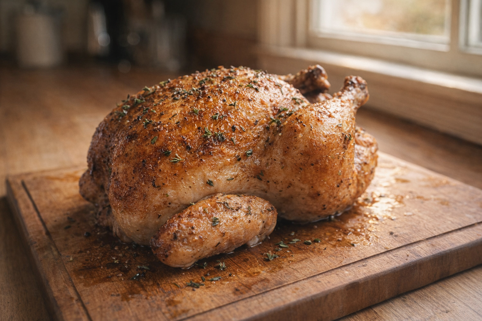 A perfectly roasted whole chicken on a wooden cutting board, golden brown skin, herbs visible, warm light from a nearby window